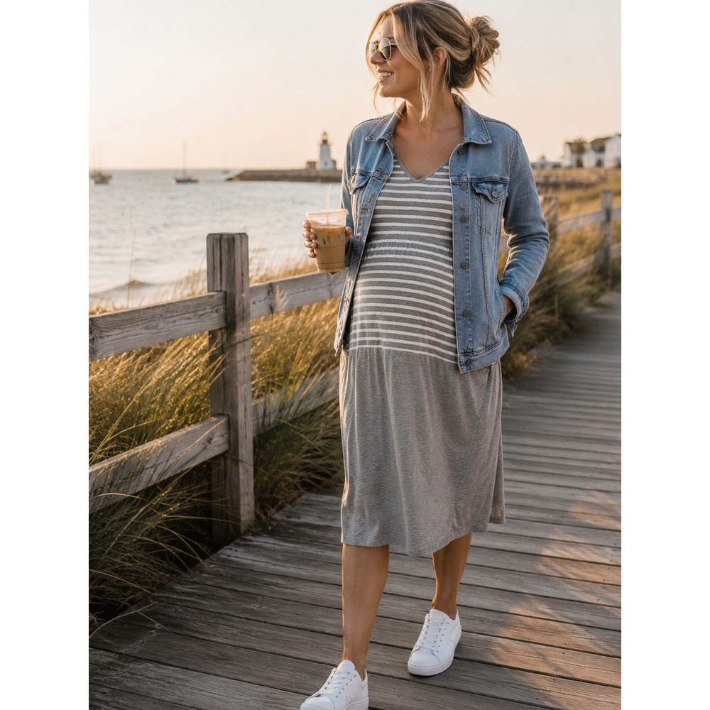 Bluebelle Maternity Grey White Striped Colorblock V Neck Midi Dress Size 14 NWT